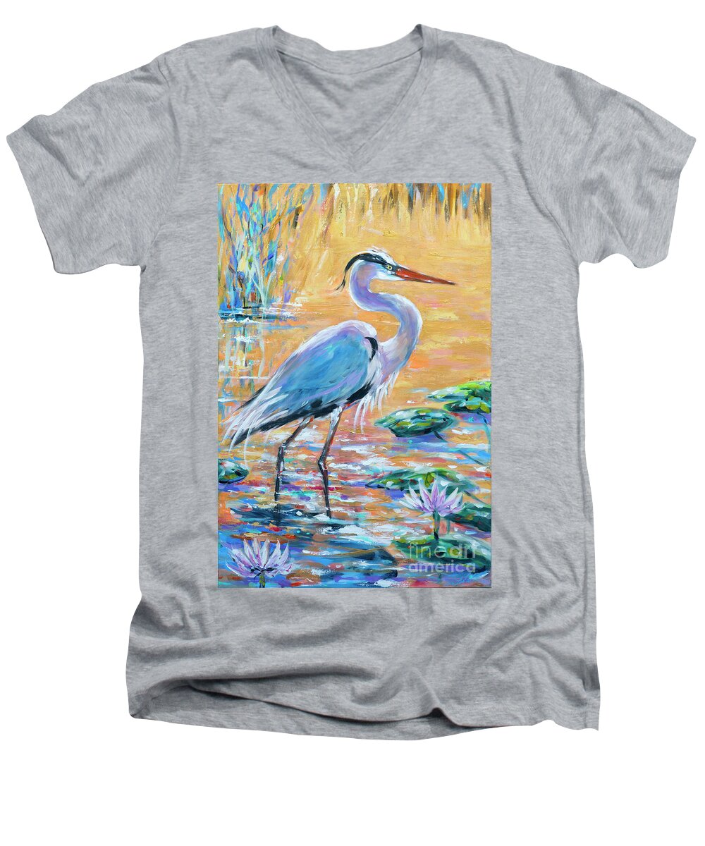 Ocean Men's V-Neck T-Shirt featuring the painting The Golden Hour by Linda Olsen