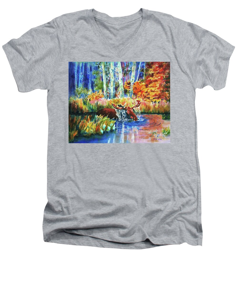 Moose Men's V-Neck T-Shirt featuring the painting The Last Rays by Kathy Braud