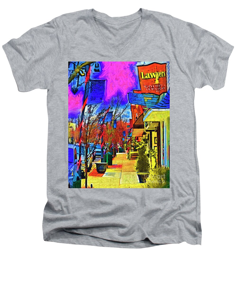 Village Men's V-Neck T-Shirt featuring the digital art The Lawyers Office And The Village Shops by Kirt Tisdale