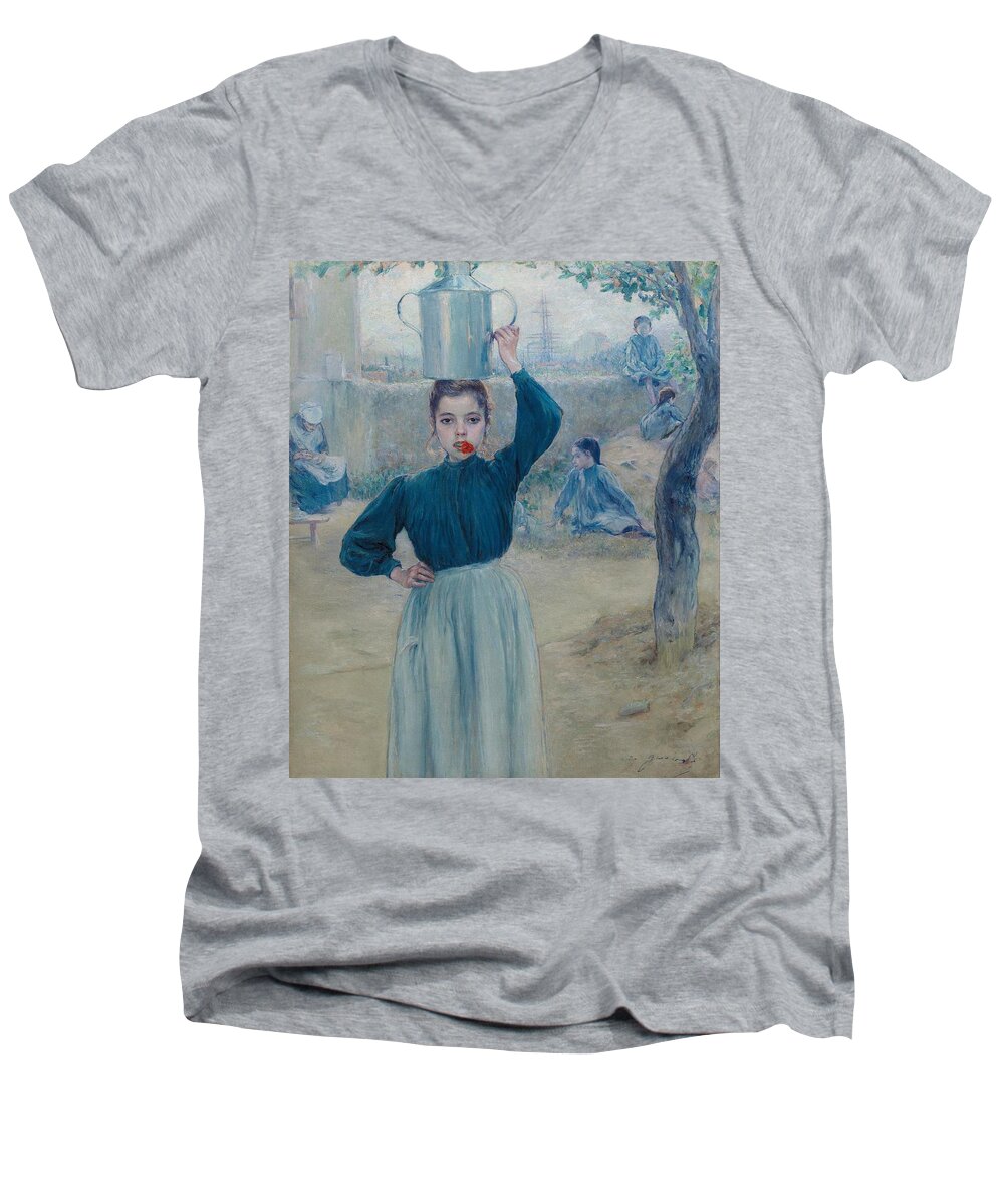  Men's V-Neck T-Shirt featuring the painting The Little Village Girl with Red Carnation #1 by Adolfo Guiard