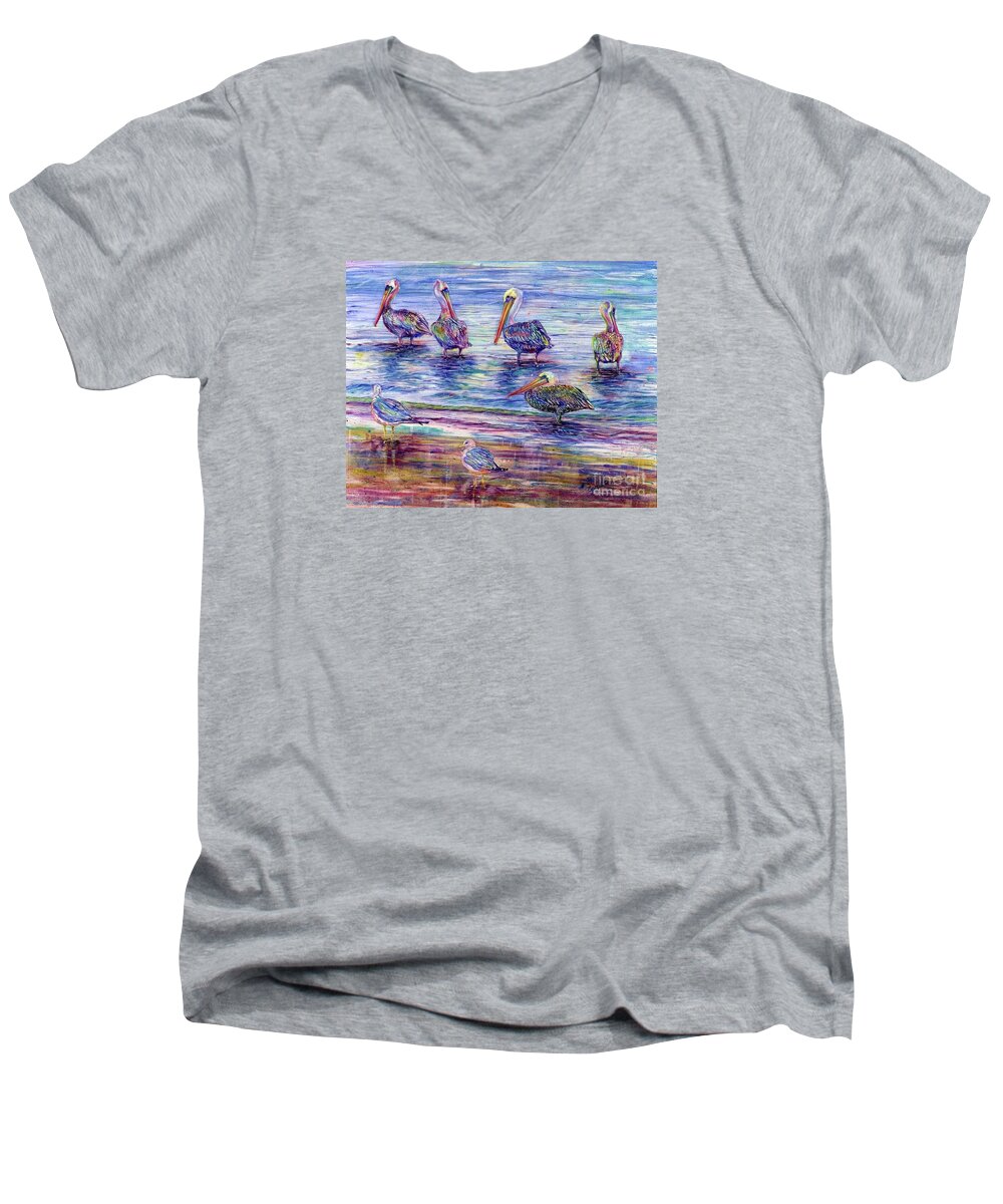Pelican Men's V-Neck T-Shirt featuring the painting The Majestic Pelican Visit by Cynthia Pride