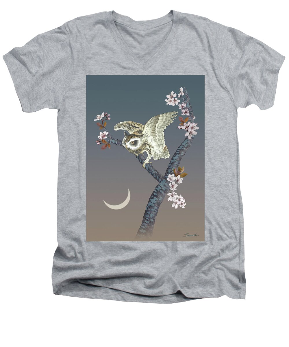 Owl Men's V-Neck T-Shirt featuring the mixed media The Owl and the Moon by M Spadecaller