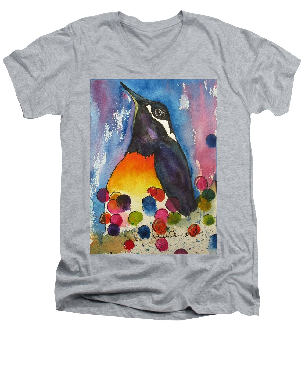 Penguin Men's V-Neck T-Shirt featuring the painting The Pomp Of A Party Penguin by Dale Bernard