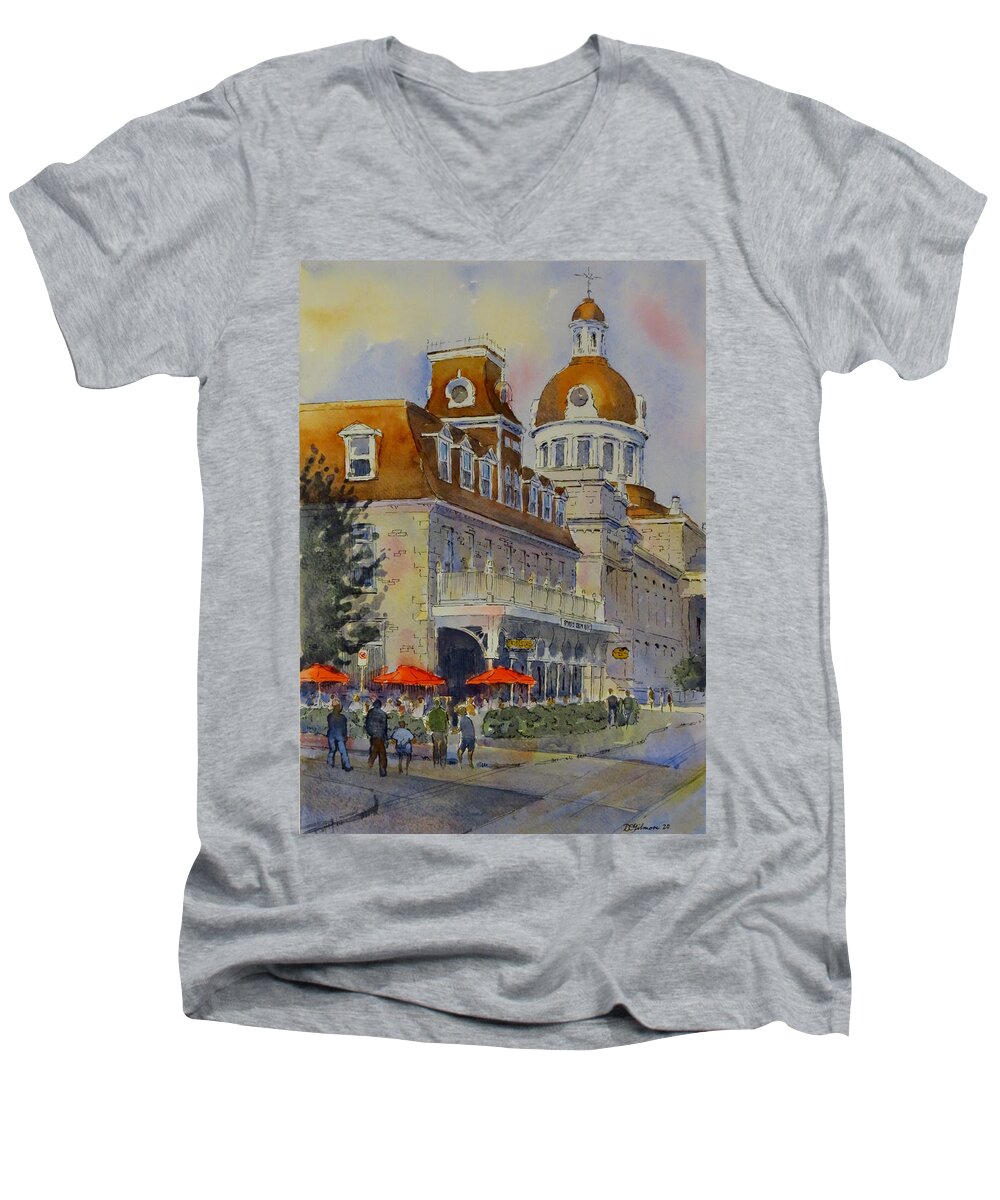 Kingston Men's V-Neck T-Shirt featuring the painting The Prince George with Red Umbrellas by David Gilmore
