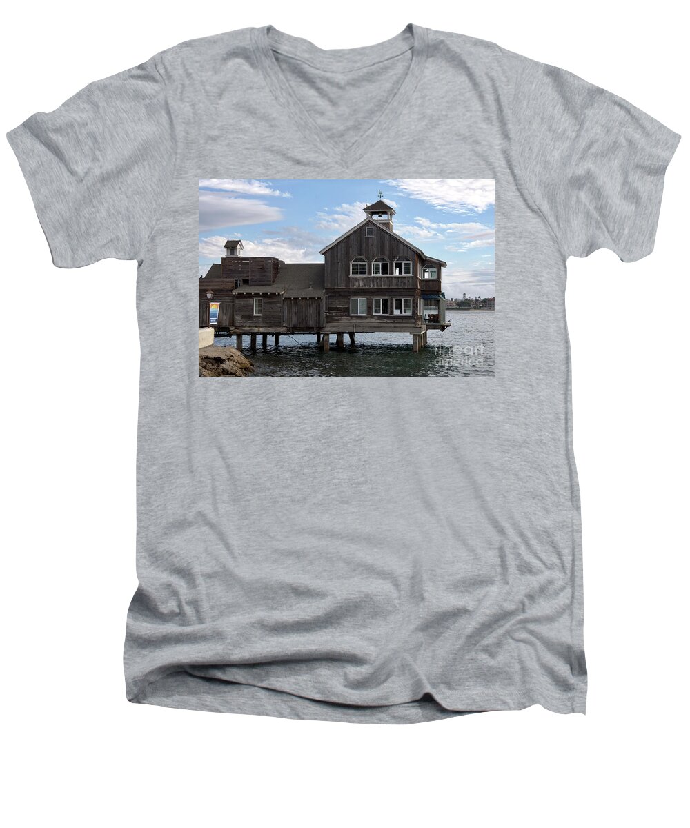 San-diego Men's V-Neck T-Shirt featuring the digital art The Restaurant On The Bay by Kirt Tisdale