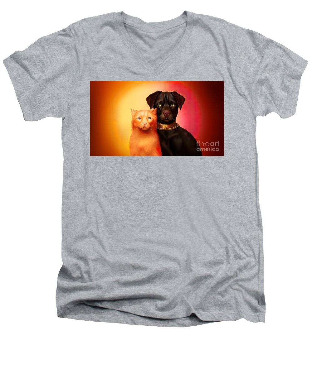Cat Men's V-Neck T-Shirt featuring the digital art The two good friends, the cat and the dog portrait by Odon Czintos