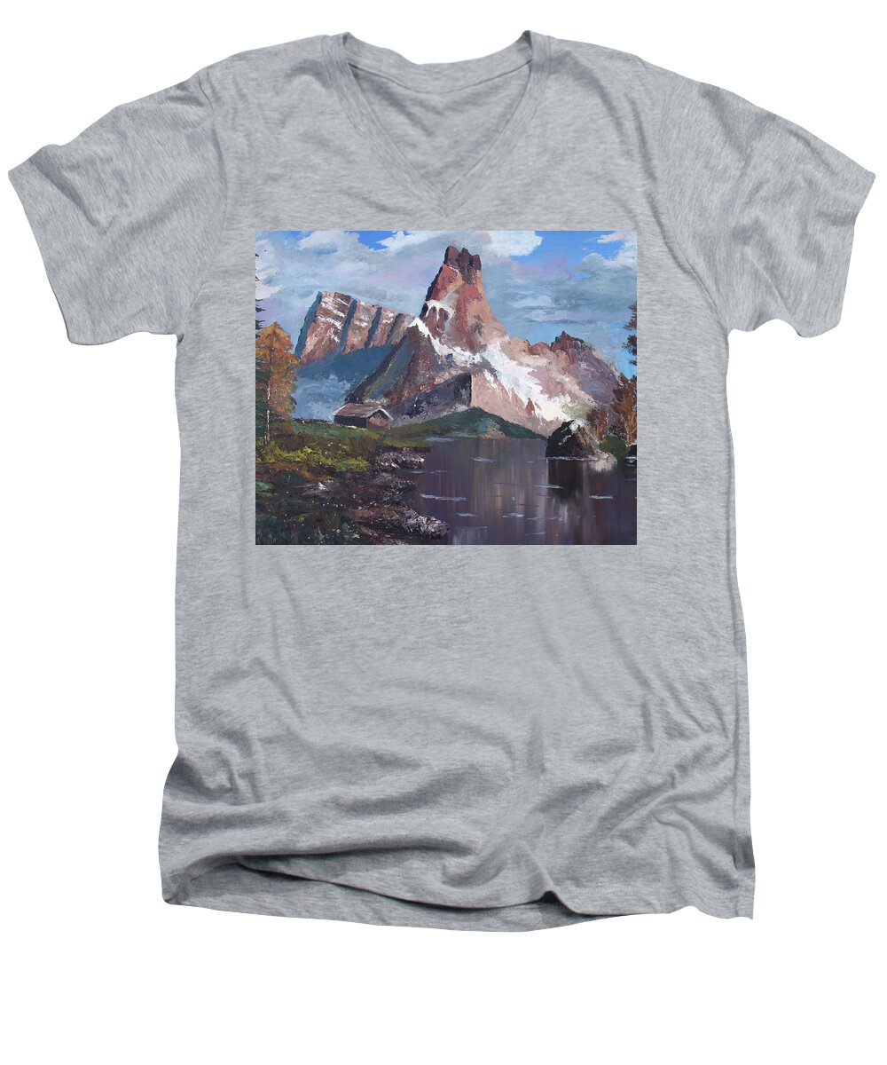 High School Men's V-Neck T-Shirt featuring the painting The Year was 1975 by Nila Jane Autry