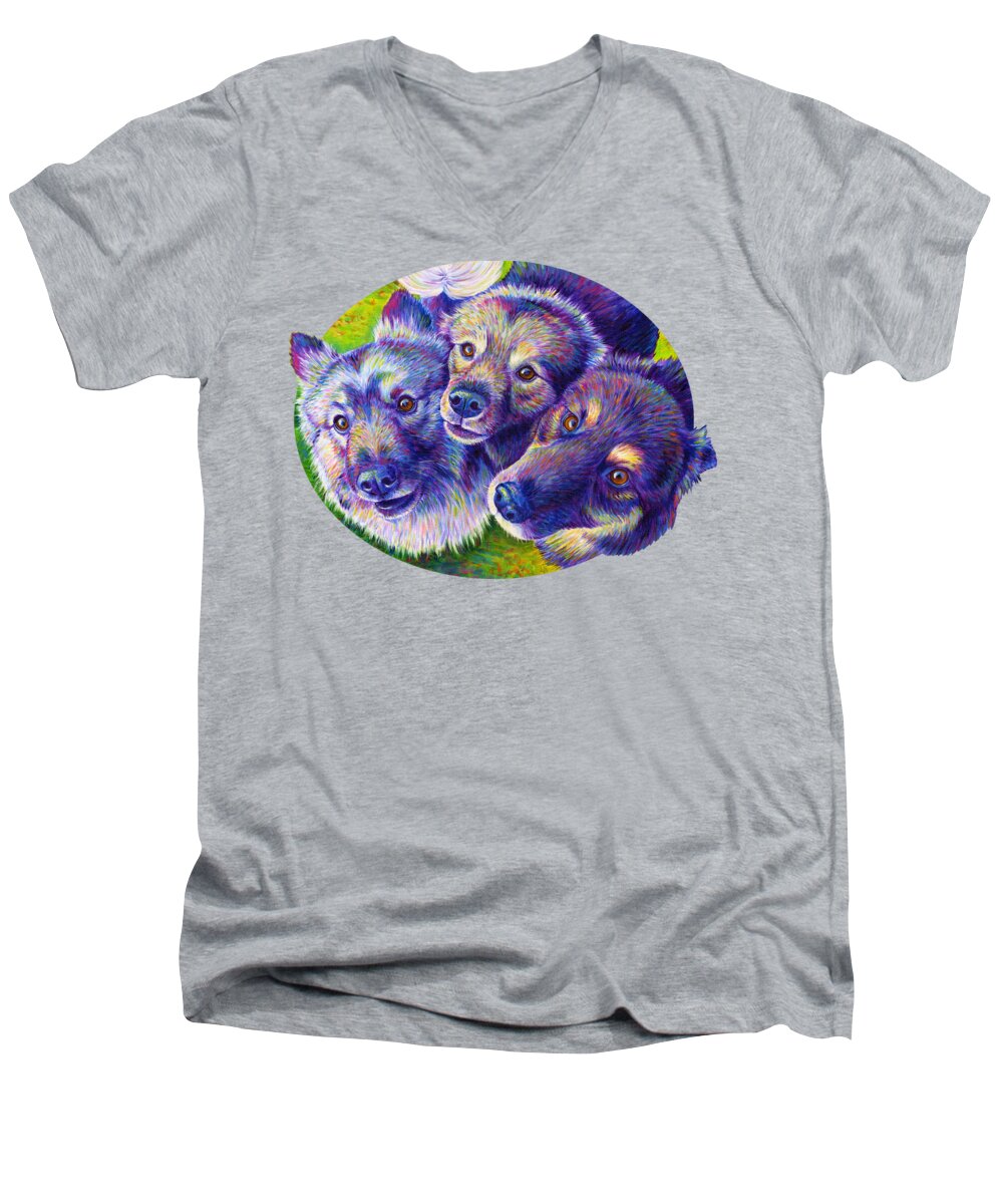 Keeshond Men's V-Neck T-Shirt featuring the painting Three Amigos by Rebecca Wang