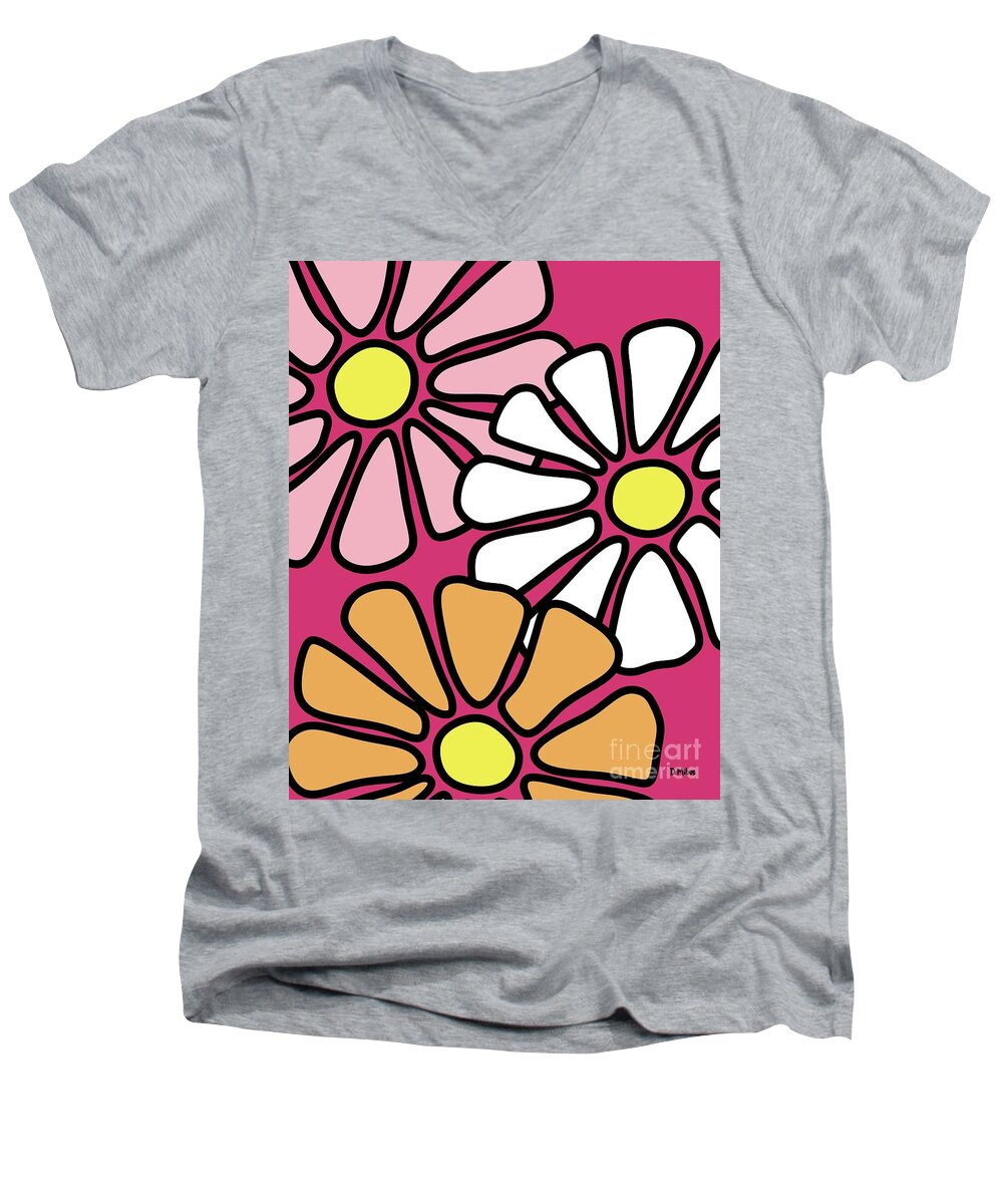 Flower Power Men's V-Neck T-Shirt featuring the digital art Three Mod Flowers Pink by Donna Mibus