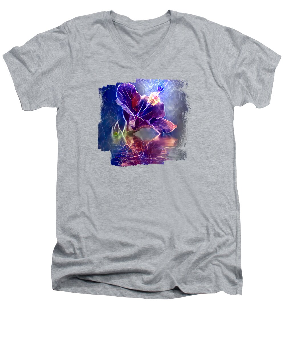 Thunderstorm Men's V-Neck T-Shirt featuring the digital art Thunderstorm Hibiscus by Elisabeth Lucas