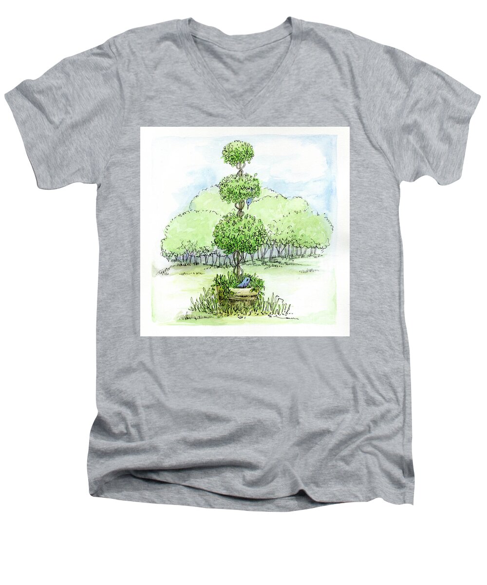 Topiary Men's V-Neck T-Shirt featuring the painting Topiary with blue birds by Laurie Rohner