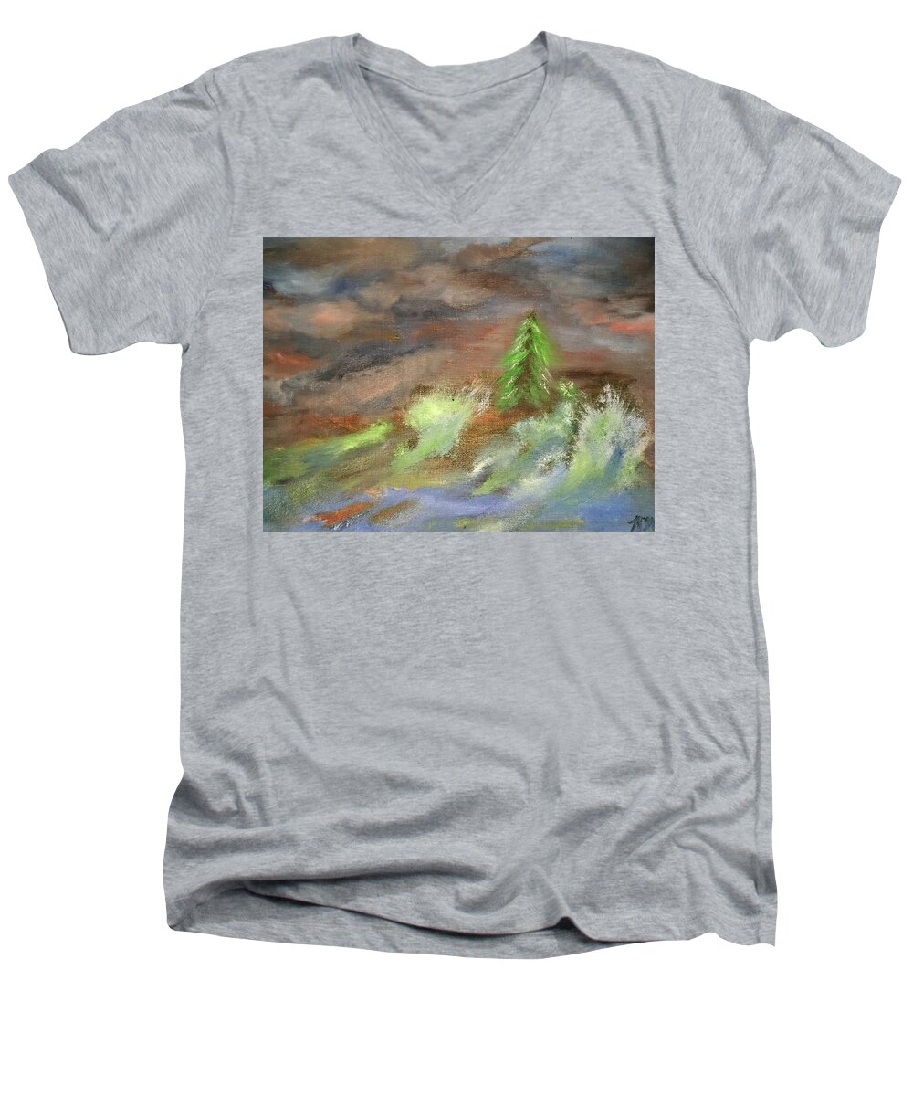 Tree Men's V-Neck T-Shirt featuring the painting Tree on a Cliff in Ocean Storm by Robert Nickologianis