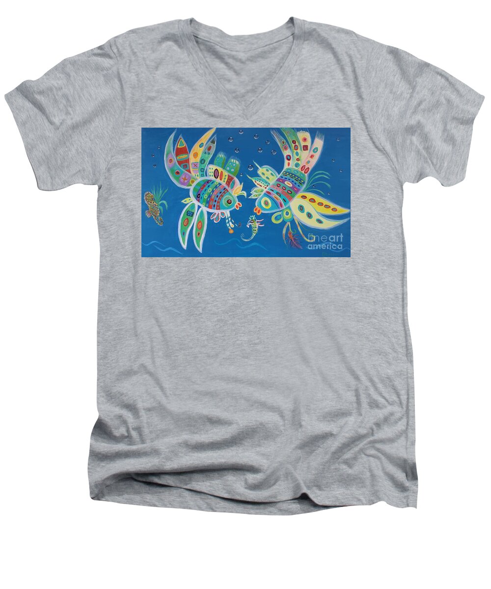 Kissing Fish Men's V-Neck T-Shirt featuring the painting Tropical Kisses by Elizabeth Mauldin