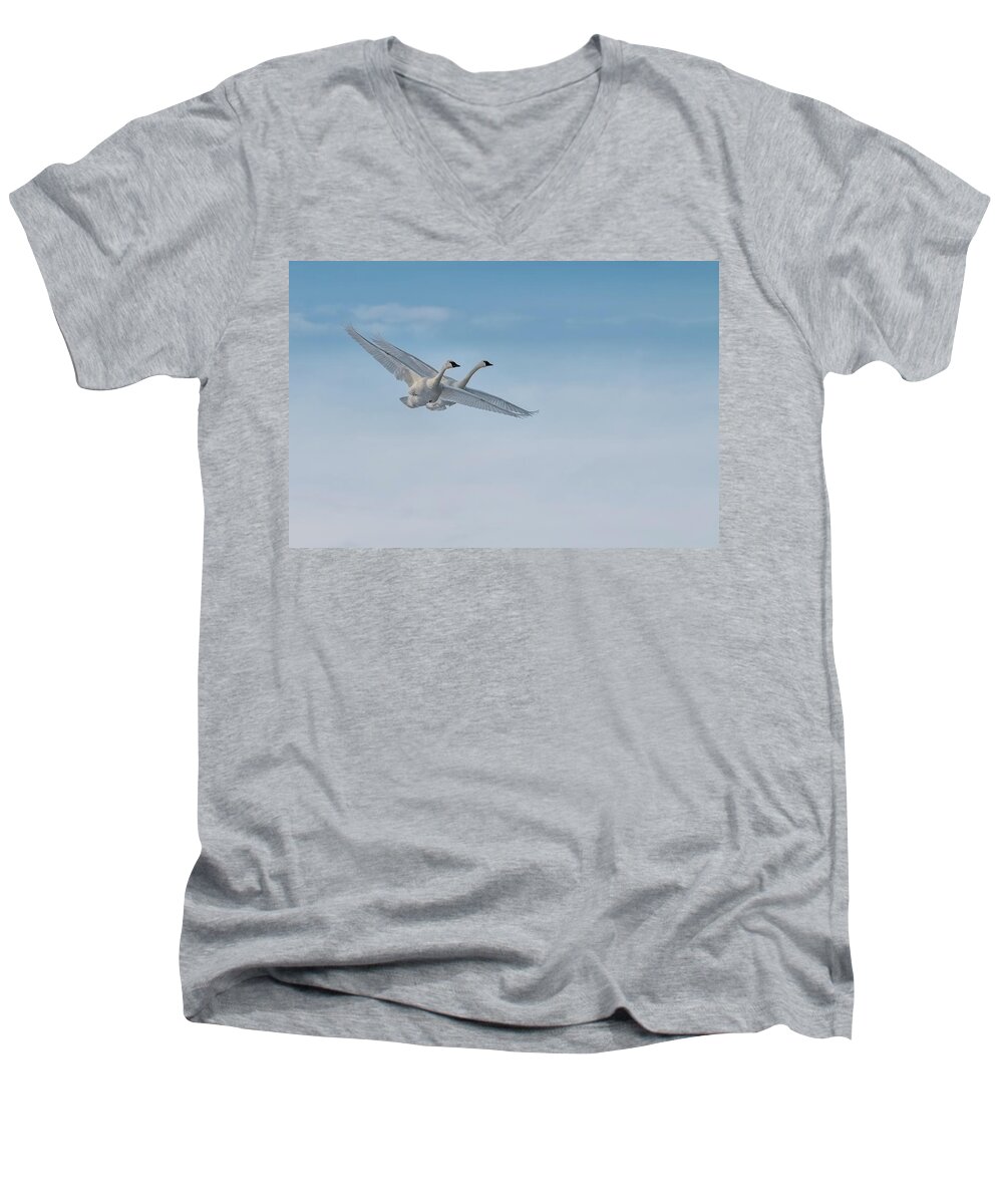 Birds Men's V-Neck T-Shirt featuring the photograph Trumpeter Swan Tandem Flight I by Patti Deters