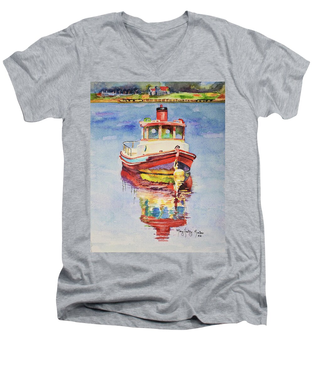 Boat Men's V-Neck T-Shirt featuring the painting Tug Boat by Mary Haley-Rocks