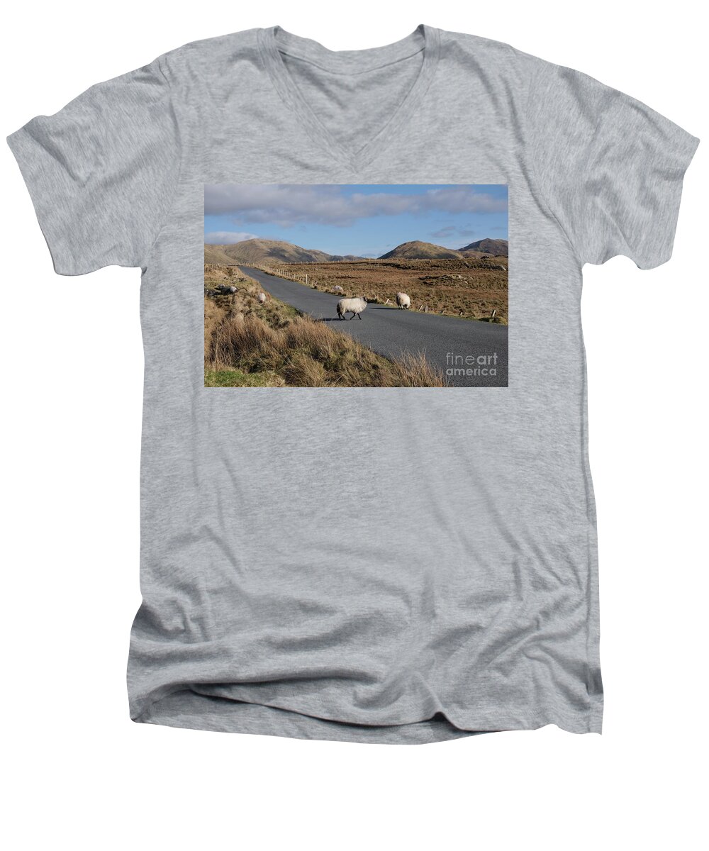 Connemara Ireland Galway Isolation Sheep Sky Roadside Mountains Photography Prints Landscape Men's V-Neck T-Shirt featuring the photograph Tully road Connemara by Peter Skelton