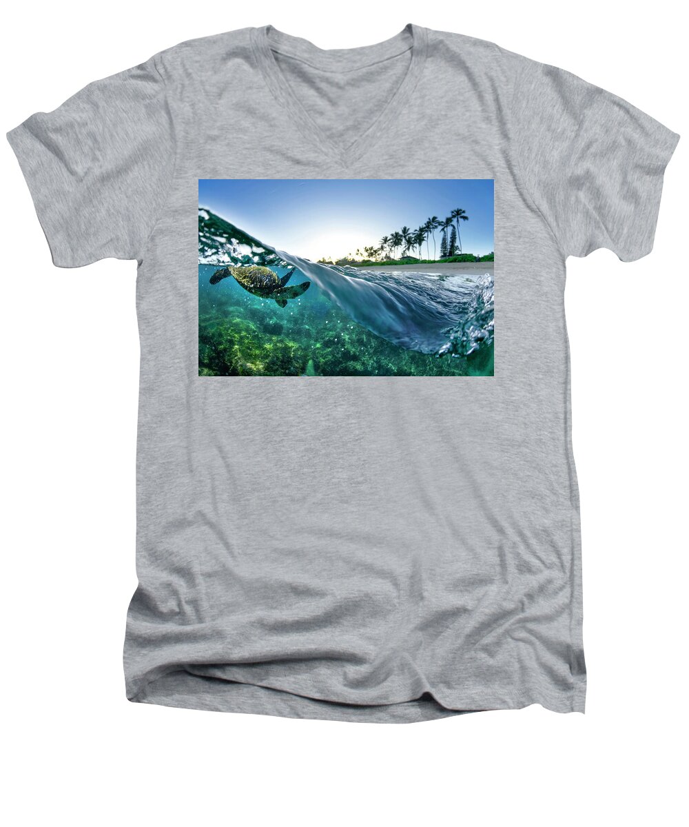 Sea Men's V-Neck T-Shirt featuring the photograph Turtle Split by Sean Davey