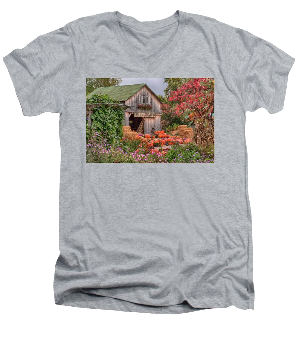 Hudak's Men's V-Neck T-Shirt featuring the photograph Vermont pumpkins and autumn flowers by Jeff Folger