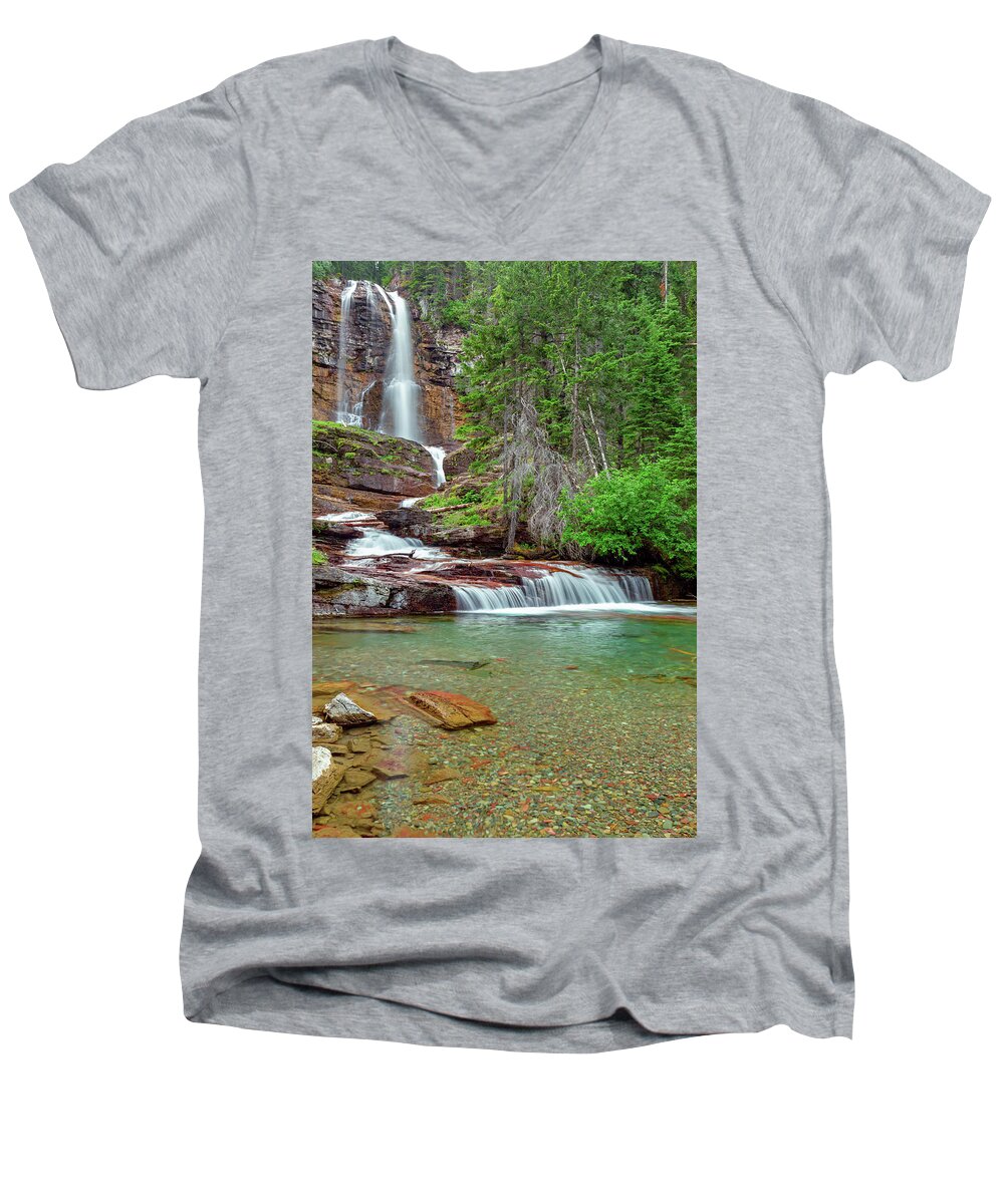 Glacier National Park Men's V-Neck T-Shirt featuring the photograph Virginia Falls by Jack Bell