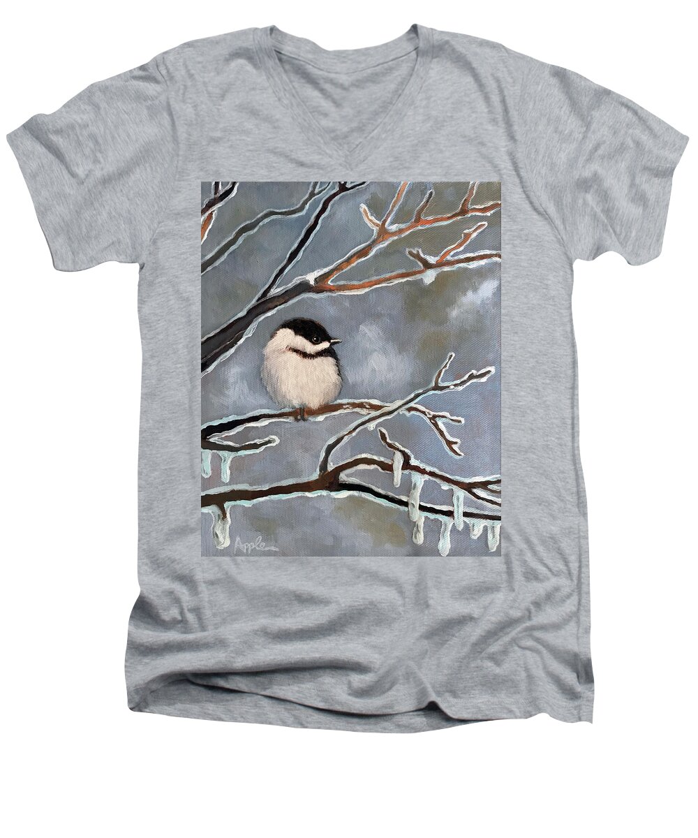 Chickadee Men's V-Neck T-Shirt featuring the painting Waiting Out the WInter by Linda Apple