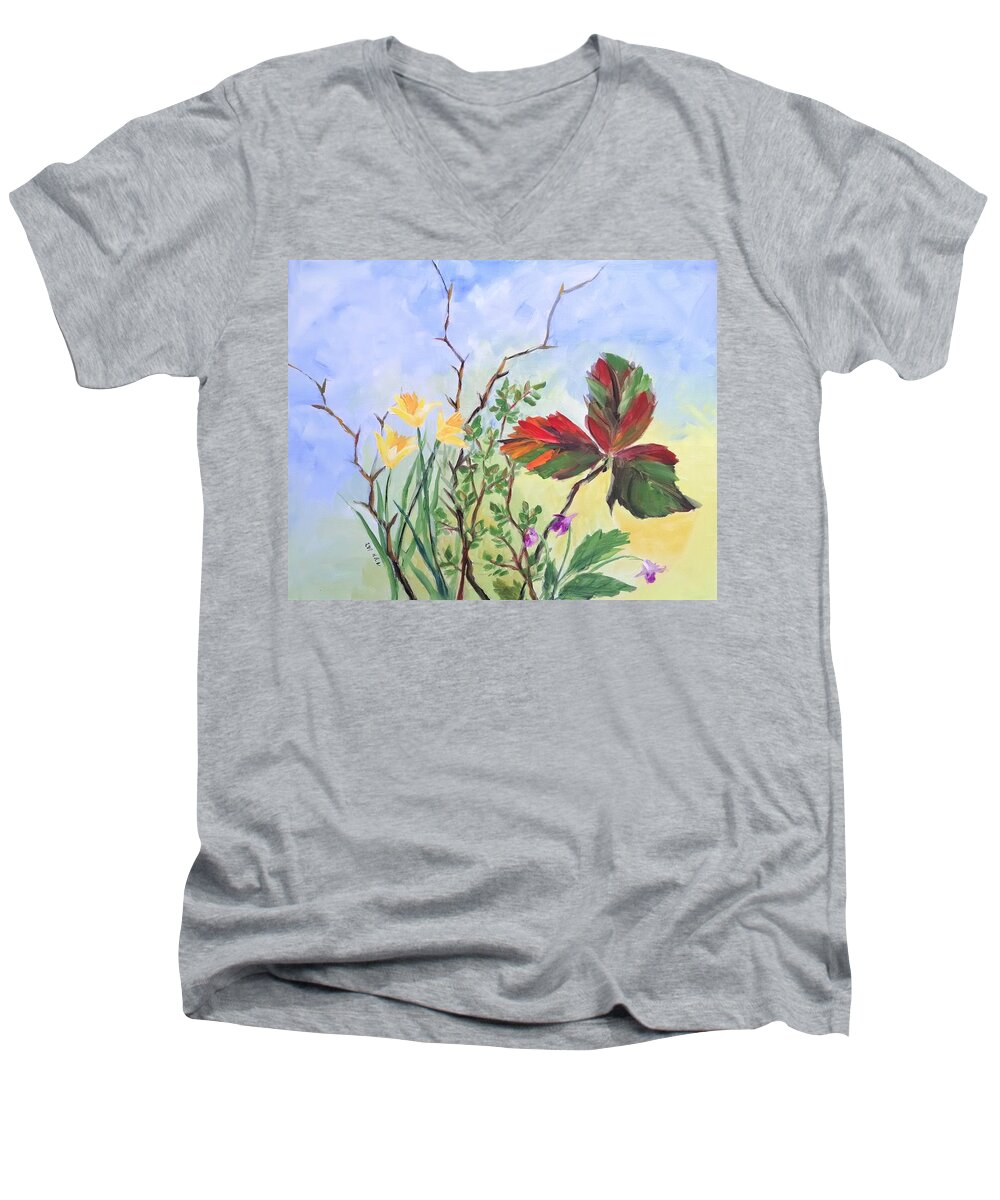 Daffodil Men's V-Neck T-Shirt featuring the painting Waking by Helian Cornwell