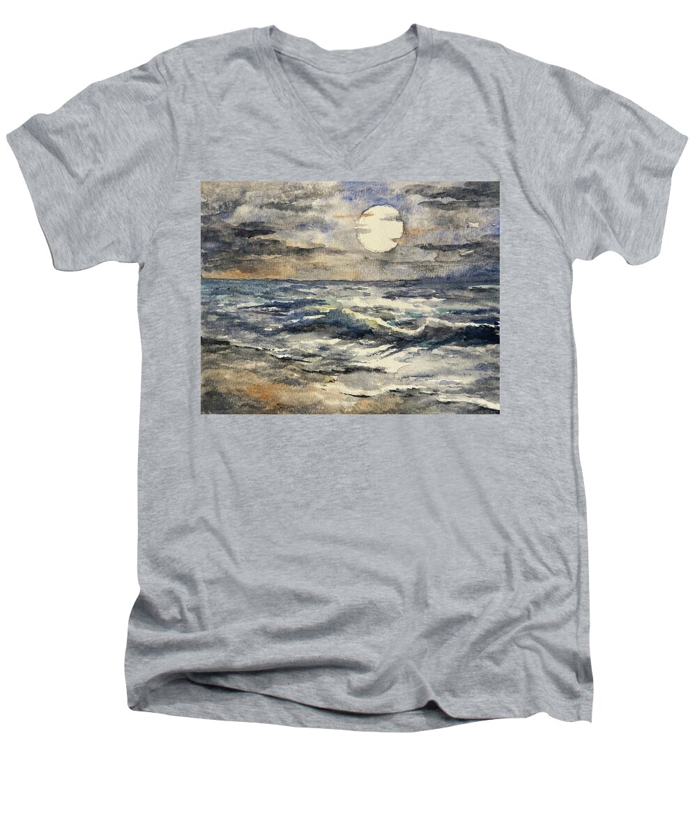 Moon Men's V-Neck T-Shirt featuring the painting Watercolor Moonlit Seascape by Larry Whitler