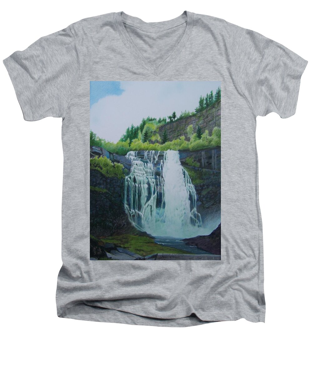 Waterfall Men's V-Neck T-Shirt featuring the mixed media Waterfall in Norway by Constance DRESCHER