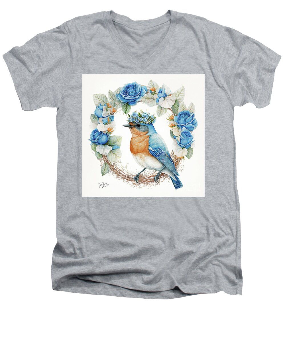 Eastern Bluebird Men's V-Neck T-Shirt featuring the painting Wearing Her Crown Of Roses by Tina LeCour
