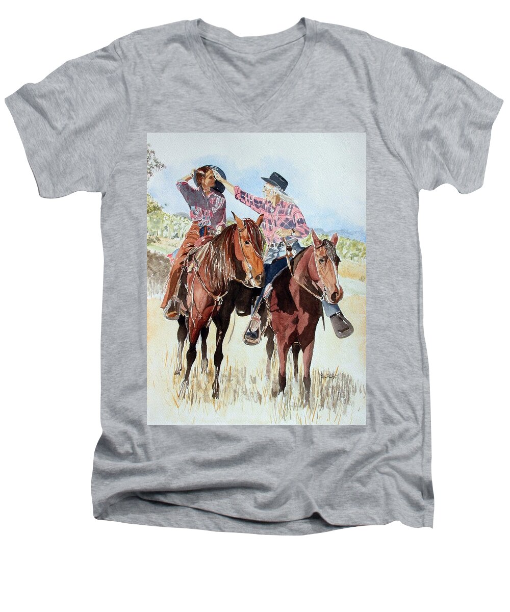 Horses Men's V-Neck T-Shirt featuring the painting Western Romance by Sandie Croft