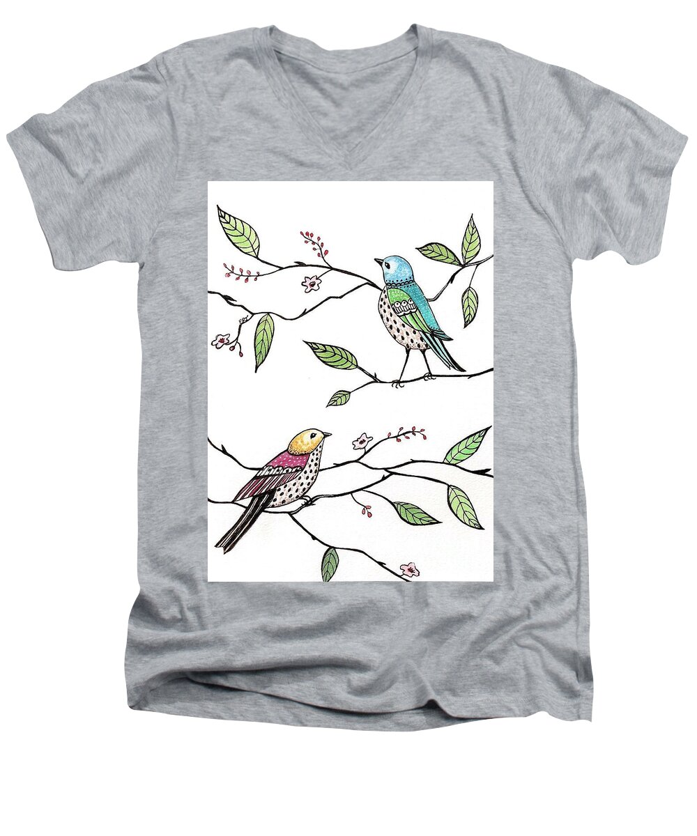 Bird Men's V-Neck T-Shirt featuring the painting Whimsical Birds in the Garden by Elizabeth Robinette Tyndall