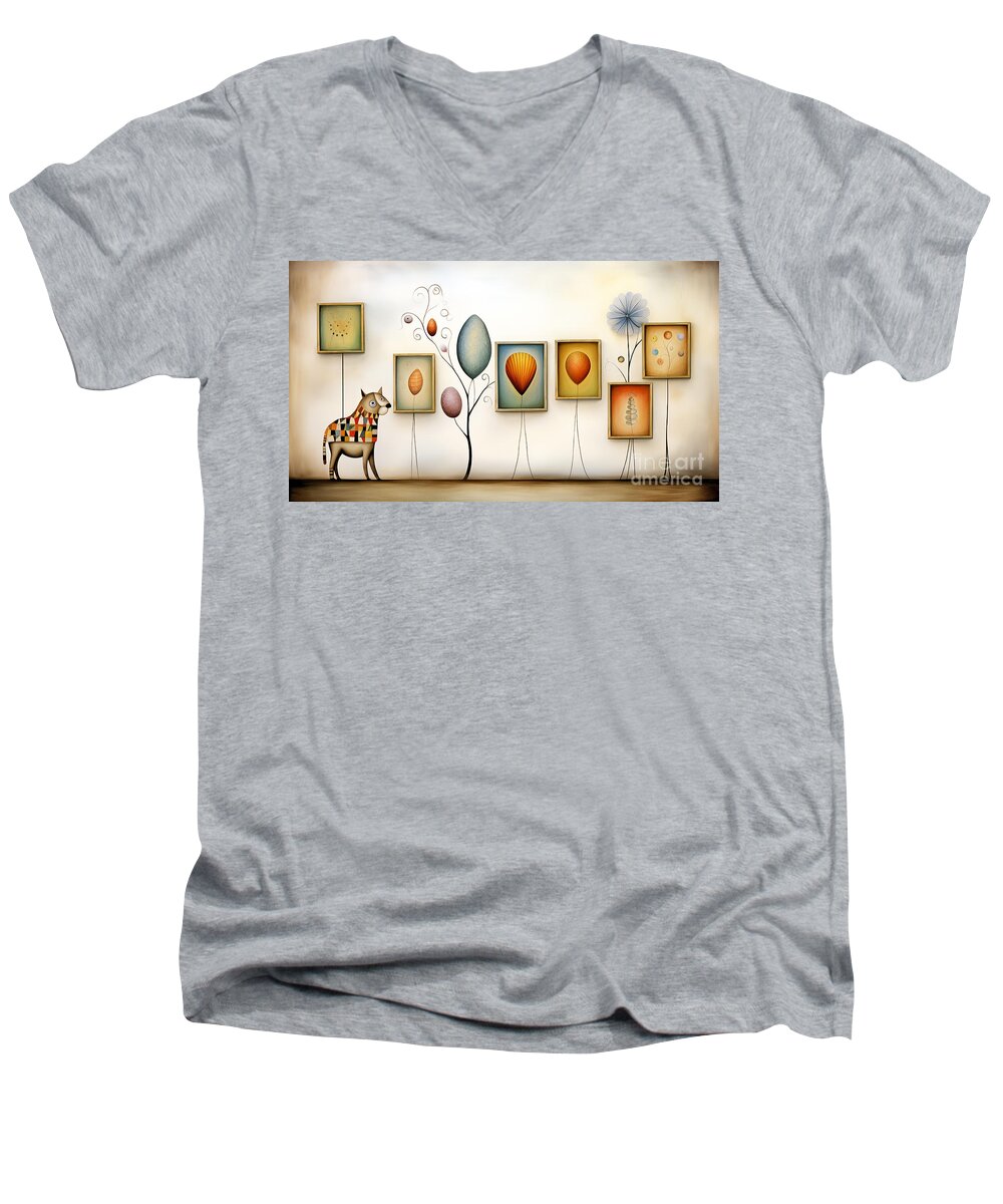 Digital Art Men's V-Neck T-Shirt featuring the digital art Whimsical digital art of a patterned cat with framed images of balloons and a flower by Odon Czintos