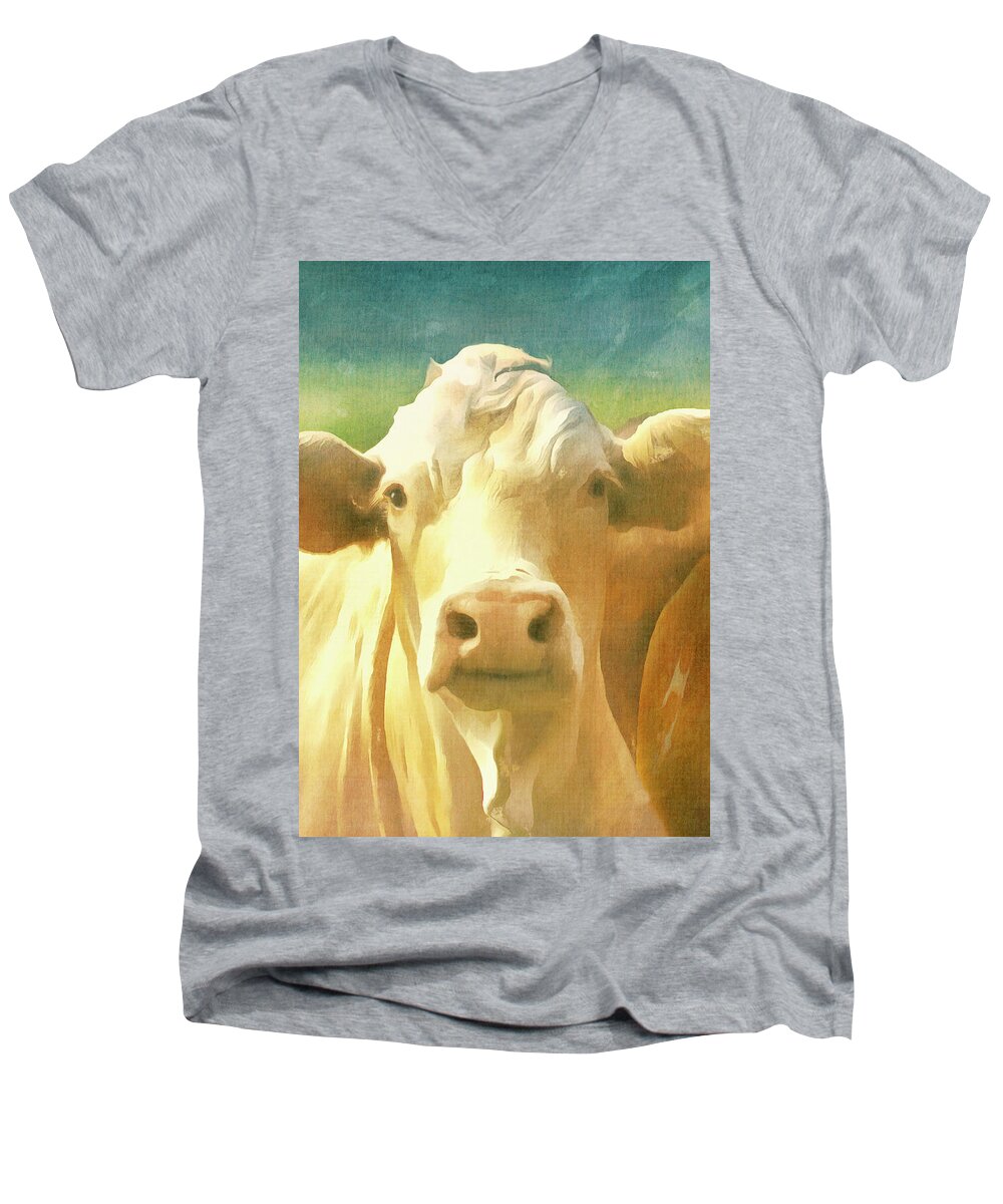 Cow Men's V-Neck T-Shirt featuring the mixed media White Cow Portrait Pose by Ann Powell