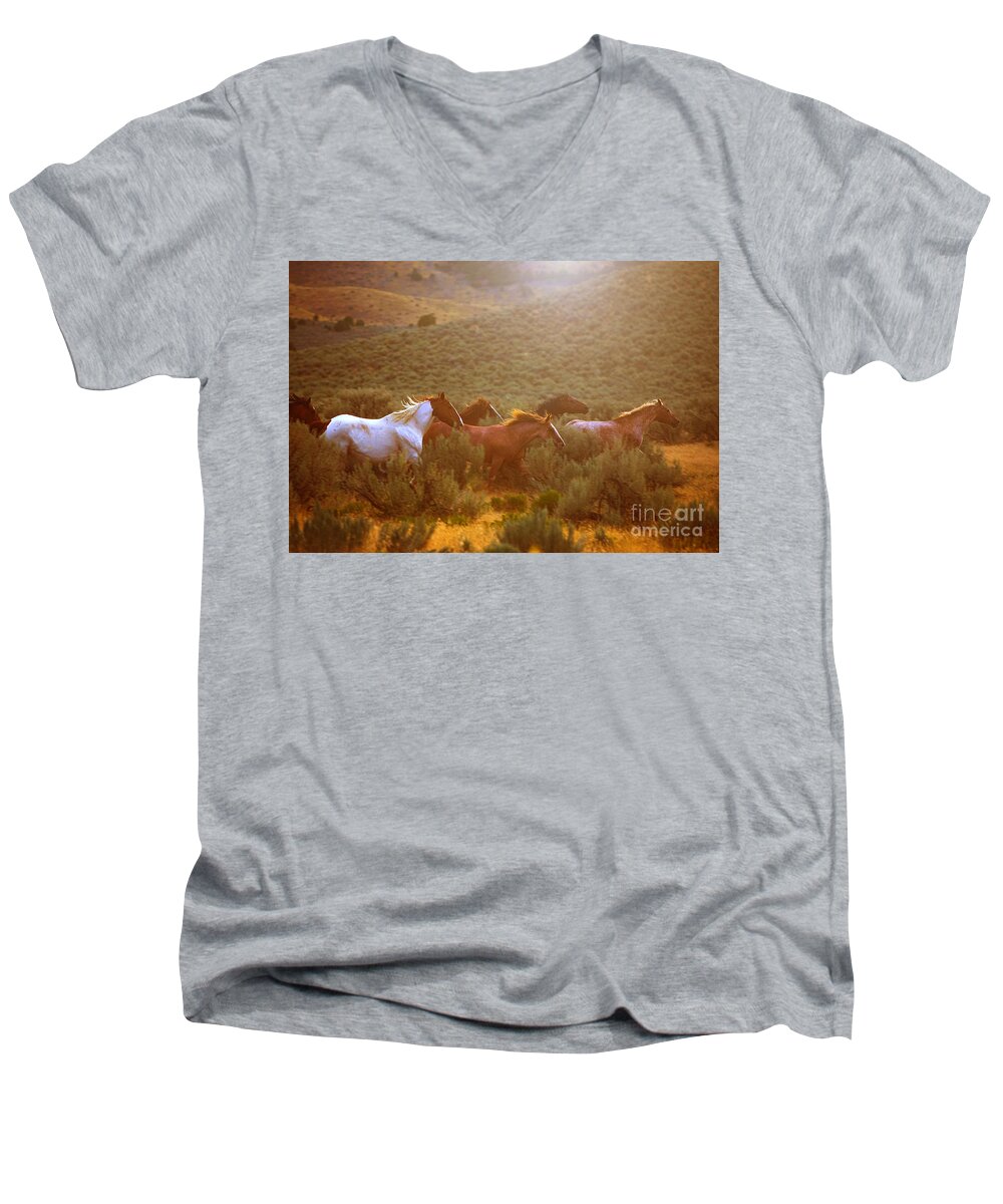 Horse Men's V-Neck T-Shirt featuring the photograph Wild Horses Running at Sunset by Diane Diederich