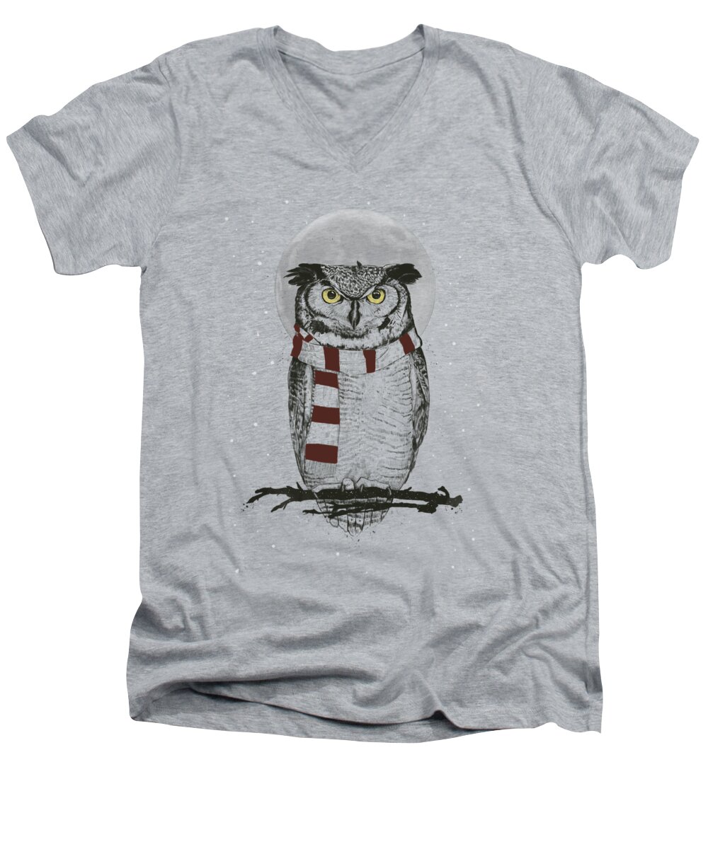 Owl Men's V-Neck T-Shirt featuring the drawing Winter owl II by Balazs Solti