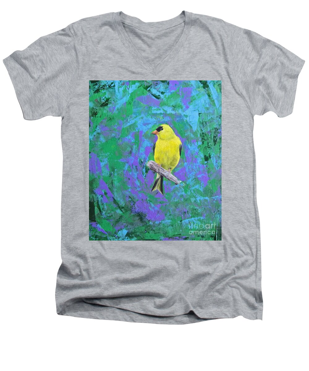 Yellow Finch Men's V-Neck T-Shirt featuring the painting Yellow Finch by Lisa Dionne