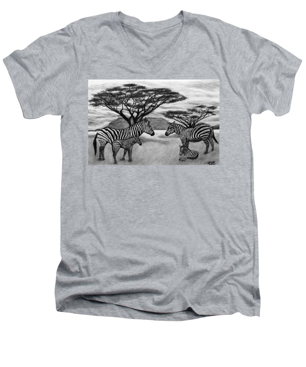 Zebra Outback Men's V-Neck T-Shirt featuring the drawing Zebra African Outback by Peter Piatt