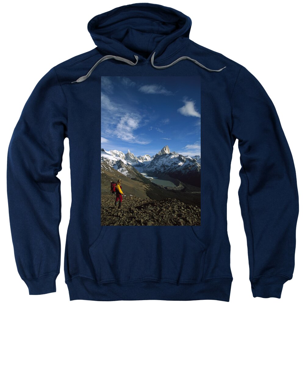 Feb0514 Sweatshirt featuring the photograph Hiker Admiring Cerro Torre And Fitzroy by Colin Monteath