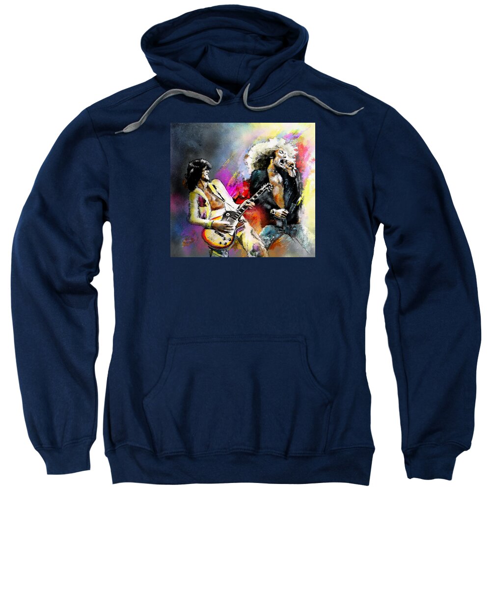 Musicians Sweatshirt featuring the painting Jimmy Page and Robert Plant Led Zeppelin by Miki De Goodaboom
