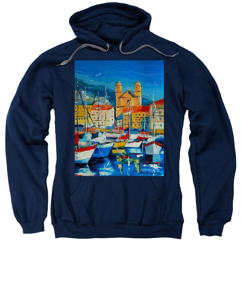 Mediterranean Harbor Sweatshirt featuring the painting Mediterranean Harbor by Mona Edulesco