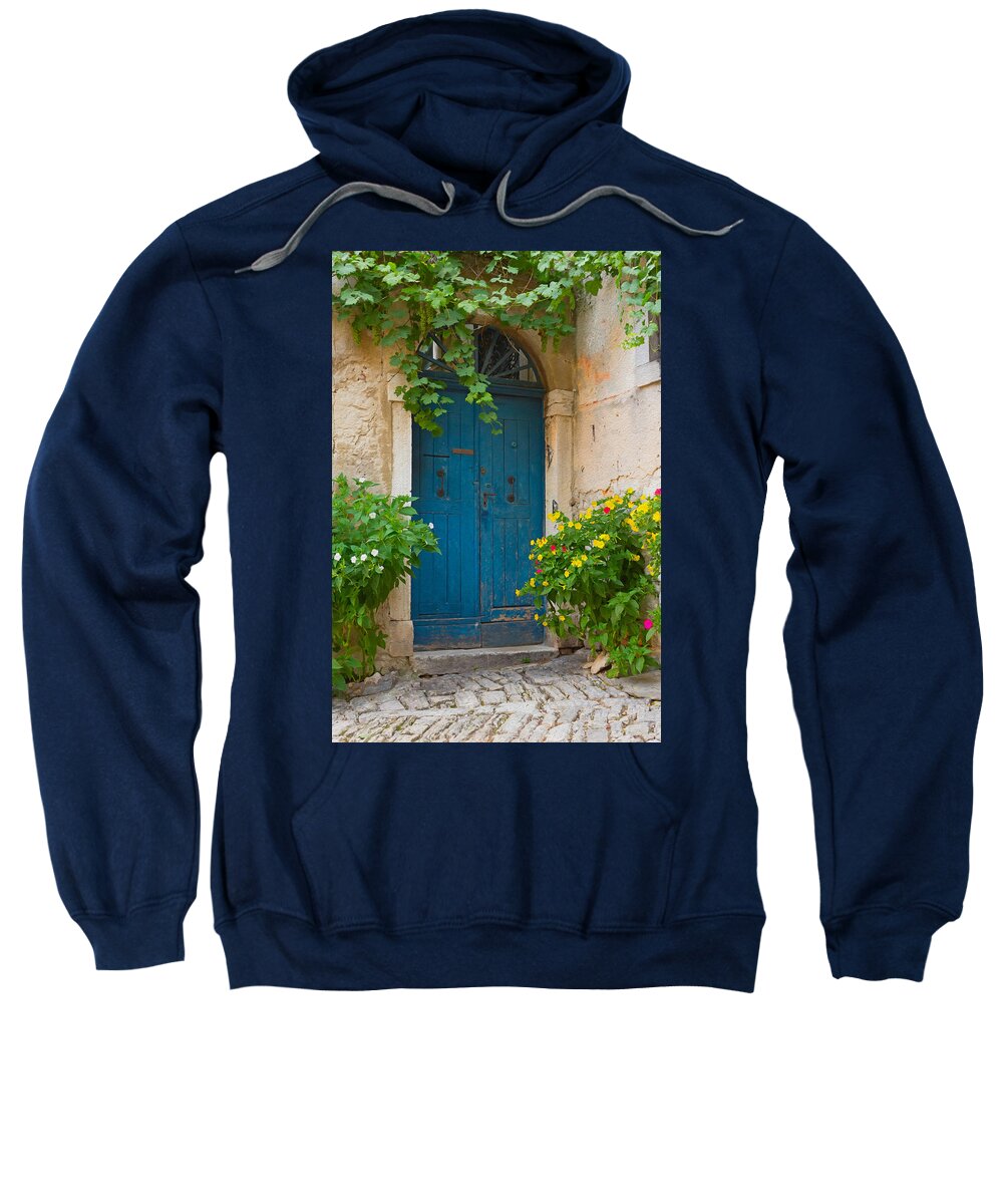 Adriatic Sweatshirt featuring the painting Old blue door and flowers by Jaroslav Frank