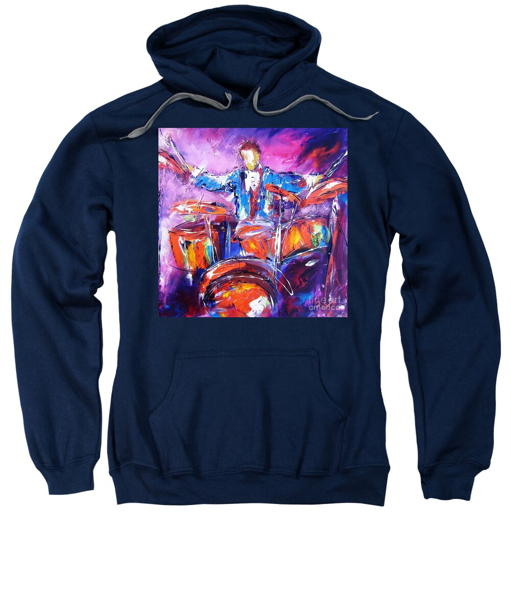 Rock Drummer Sweatshirt featuring the painting Rock drummer painting available as an art print by Mary Cahalan Lee - aka PIXI