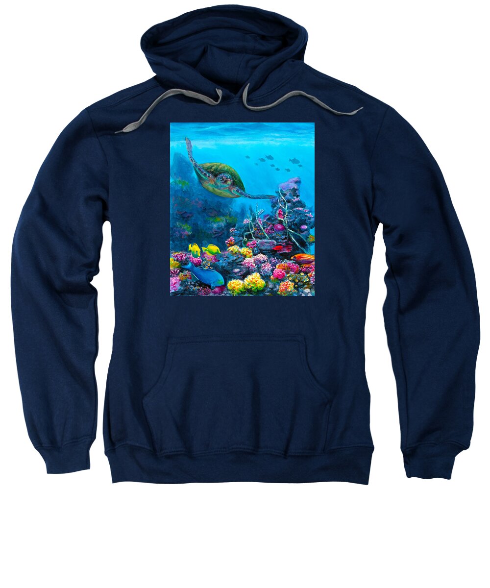 Hawaii Sweatshirt featuring the painting Secret Sanctuary - Hawaiian Green Sea Turtle and Reef by K Whitworth