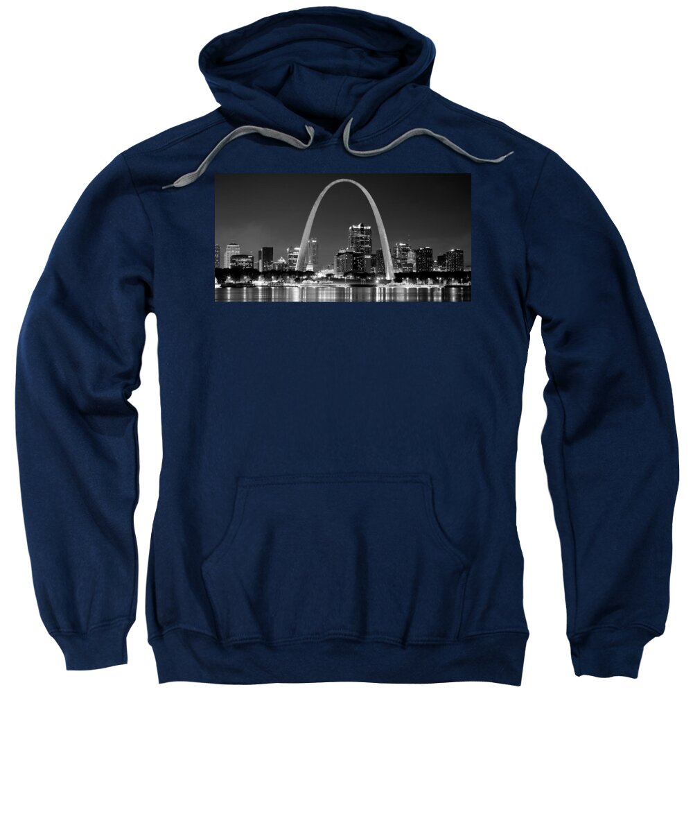St. Louis Skyline Sweatshirt featuring the photograph St. Louis Skyline at Night Gateway Arch Black and White BW Panorama Missouri by Jon Holiday