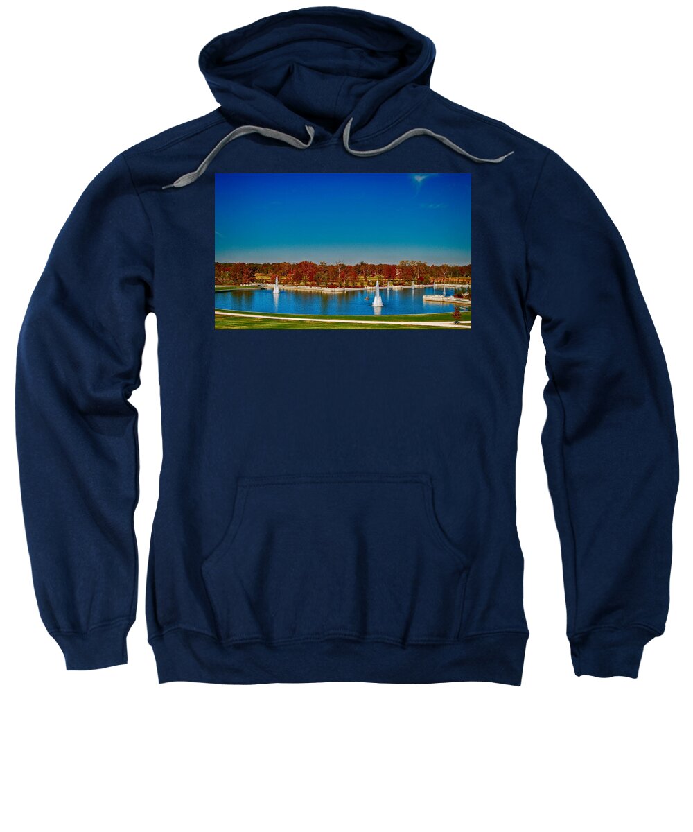 Landscape Photography Sweatshirt featuring the photograph View from Art Hill Forest Park Missouri by Peggy Franz