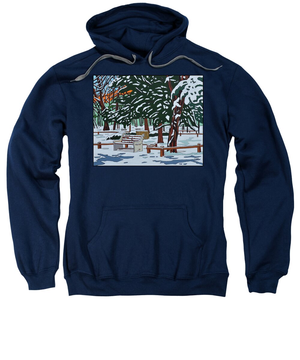 Valley Stream Sweatshirt featuring the painting Winter on State Park Bench by Mike Stanko