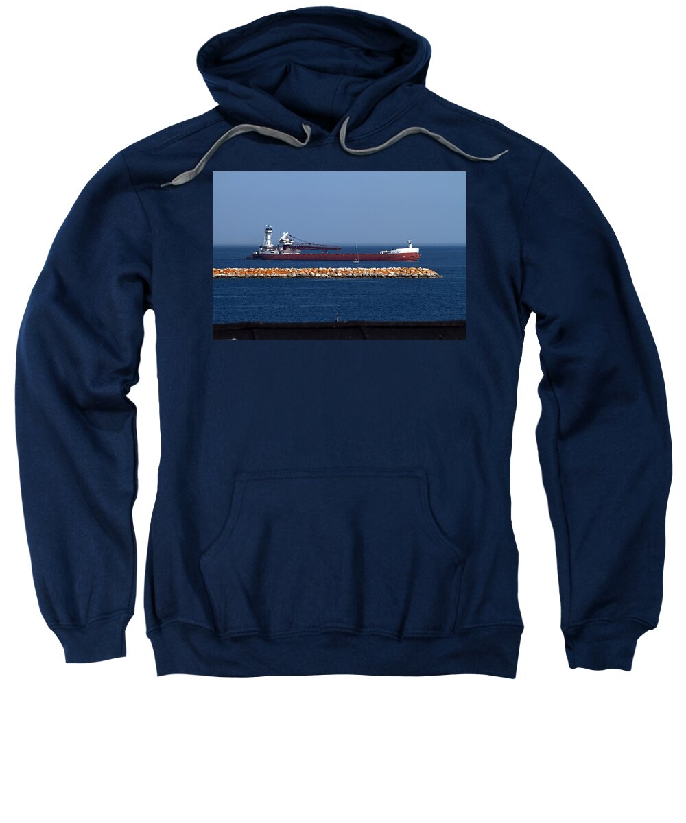 Freighter Sweatshirt featuring the photograph Freighter in the Straits of Mackinac by Farol Tomson