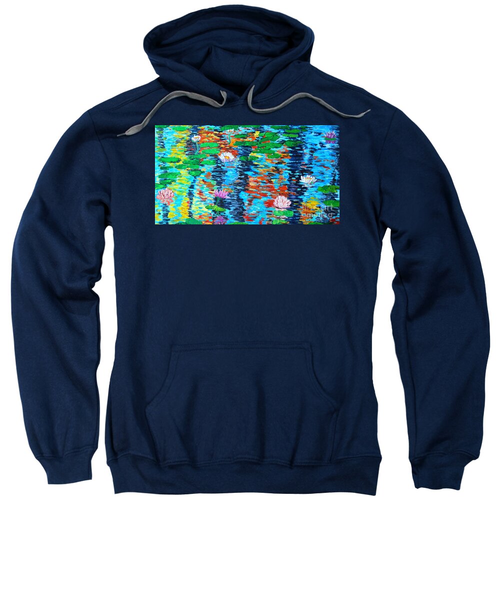 Lilies Sweatshirt featuring the painting Lily Pond Fall Reflections by Ana Maria Edulescu