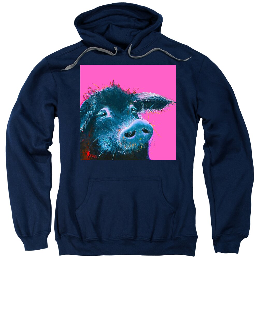 Pig Sweatshirt featuring the painting Black Pig painting on pink background by Jan Matson