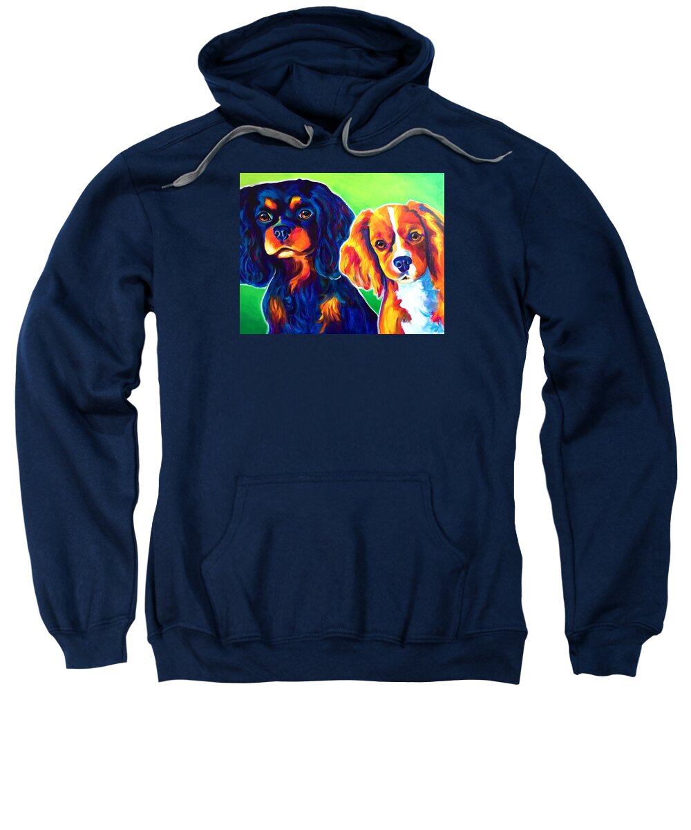 Cavalier King Charles Spaniel Sweatshirt featuring the painting Cavelier King Charles Spaniels - Saffy and Duck by Dawg Painter