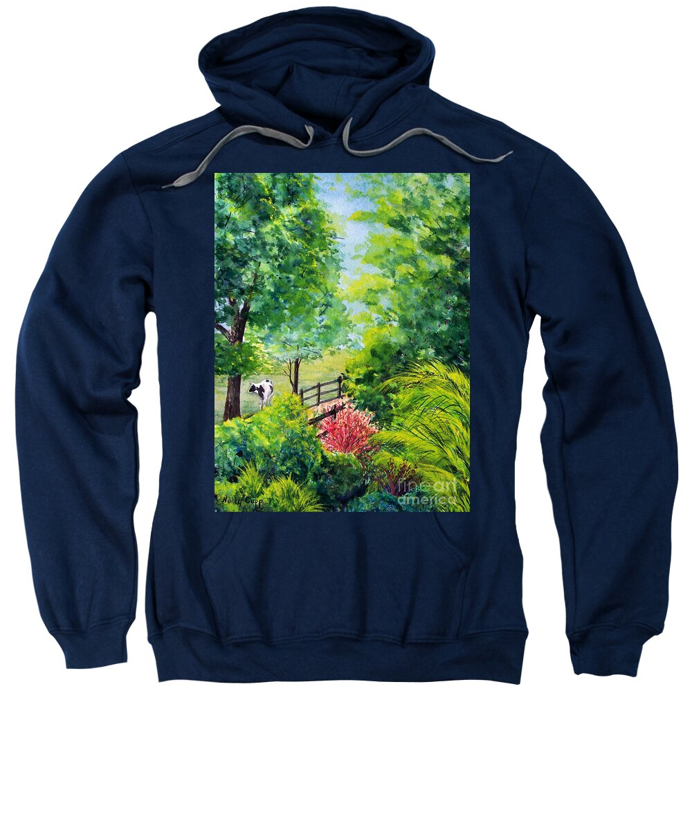 Cow Sweatshirt featuring the painting Contentment by Nancy Cupp